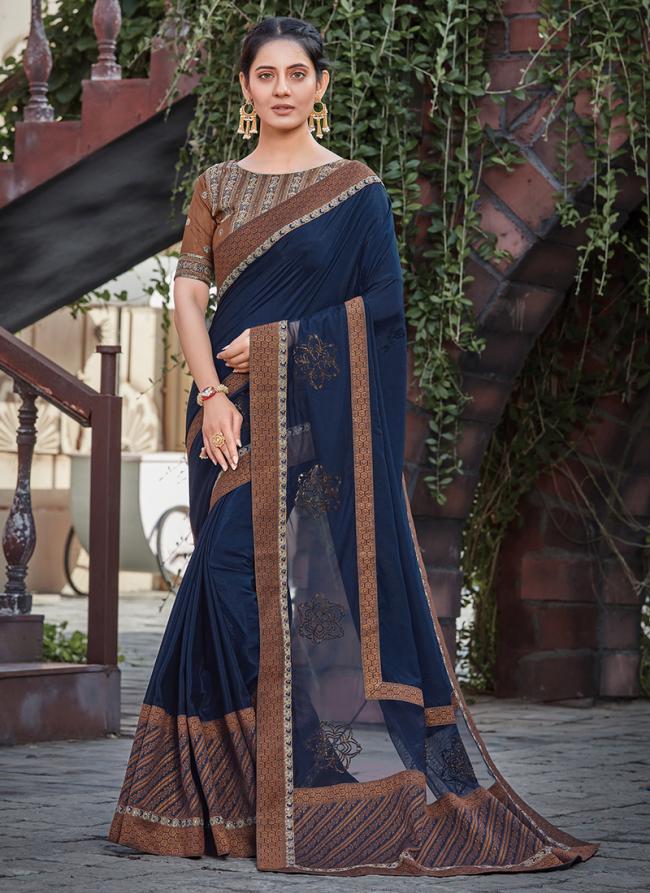 Silk Blue Wedding Wear Embroidery Work Saree